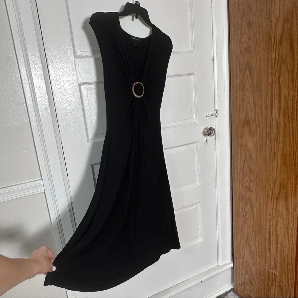 3/$20💥BCBGMaxAzria Black Midi Dress Cinched Waist Bamboo‎ Ring Accent M Stretch